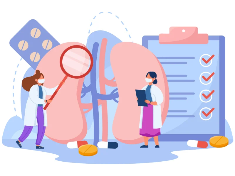 21683475_Tiny doctors examining kidneys of donor before surgery at clinic
